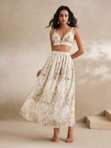 Anewsta 2 Pieces Set Women Summer, Holiday, Casual, Festival, Vacation - French Elegant Floral Embroidery Camisole Top And Long Skirt