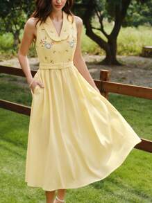 Vintamour Vintage Elegant Women's Dress With Pockets Embroidered Belt Summer Outfits For Women Summer Dresses For Women Easter Dress Women Spring Outfits For Women Summer Clothes Vacation Outfits Women Wedding Guest Dress Women Spring Dresses For Women Dresses For Women Summer Sun Dresses For Women Dresses For Women Elegant Vacation Outfits Woman Birthday Dresses For Women Vacation Dress Floral Dress Women Yellow Dresses For Women Casual,Butter Yellow,Bohemia - Yellow - View 2