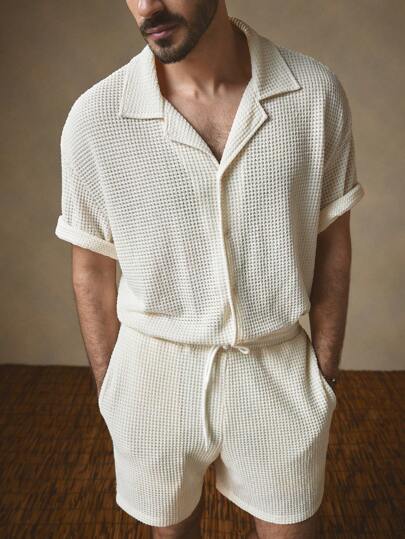 HIMLAND Men's Short Sleeve Single-Breasted Shirt And Shorts Casual Suit Multi-Piece Set  Daily Essential Wardrobe Staple Basic Style All-Match Style Go-To Piece Mix-And-Match Item Casual Versatile Style Daily Essential Wardrobe Staple Basic Style All-Match Style Go-To Piece Mix-And-Match Item Casual Versatile Style  Summer Wardrobe Essentials Casual Outfit Ideas Laid-Back Look Tape Design