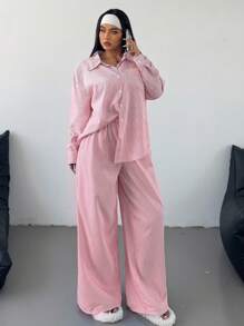 POPSWAY Conjunto informal de 2 piezas de manga larga con rayas azules y blancas en talla grande - Rosa vieja - Ver 4