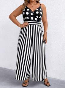 SHEIN Clasi Mono elegante y versátil para mujer con diseño de rayas y lunares, de cuello en V sin mangas, con pernera ancha, ajustable, ideal para ir a trabajar o eventos casuales, color negro y blanco, talla grande, para primavera/verano/otoño