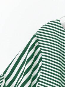 EMERY ROSE Elegant Women's Casual Striped Splicing Tie-Knot Design Ruffle Hem Round Neck Short Sleeve Plus Size Dress,White,Summer,Smart Casual,Vacation,Vintage - Dark Green - View 3