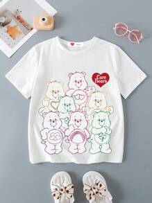 SHEIN X Care Bears Tween Girls White Satin Short Sleeve T-Shirt With Round Neck And Regular Hem Featuring A Cute Graphic Perfect For Everyday Wear - White - View 1