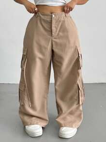 Flirla Plus Size Women's Khaki Multi-Pocket Casual Straight-Leg Cargo Pants Fall Cloth For Women - Khaki - View 3