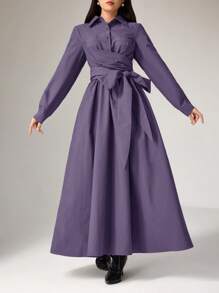 Women's Solid Front Button Long Sleeve Simple Casual Long Arabic Style Dress, Modest - Purple - View 2