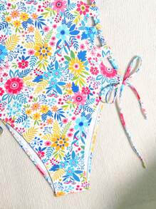 SHEIN Swim بدلة سباحة نسائية قطعة واحدة مكشوفة الظهر بطبعات زهور متناثرة بطيات، أنيقة لأجازات الشاطئ - متعدد الألوان - مشاهدة 5