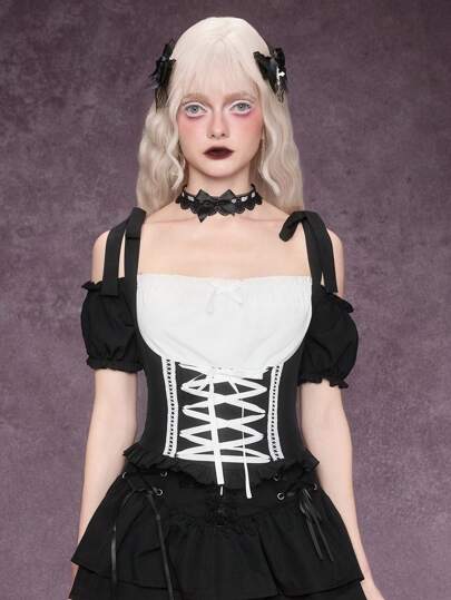 Goth Blouse rétro sombre gothique patchwork 2 en 1 avec épaules dénudées, nœud papillon et bretelles