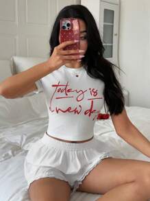 DAZY Letter Print Crop Top And Ruffled Lantern Hem Shorts 2pcs Pajama Set For Women - White - View 6
