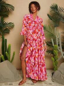 Travachic Tropical Print Chiffon Ruffled Halter Neck Dress, Perfect For Holiday - Red - View 5