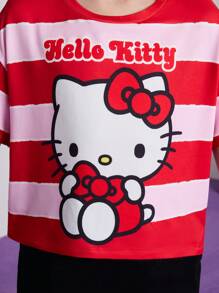 HELLO KITTY AND FRIENDS | SHEIN Tween Girl Cartoon Cat Print Striped Cute Sweet Campus Style Short Sleeve T-Shirt And Black Casual Flare Pants Set - Multicolor - View 7