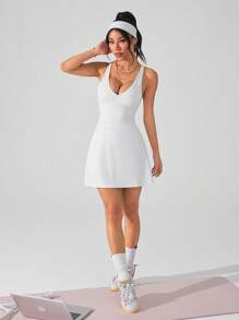 Gameset SHEIN Sport 女式纯色背景交叉带口袋设计夏季无袖运动连衣裙运动连衣裙 - 白色 - 查看 4