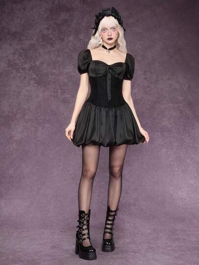 Goth Vestido mini con volantes, lazo y estilo gótico para mujer, ropa de verano