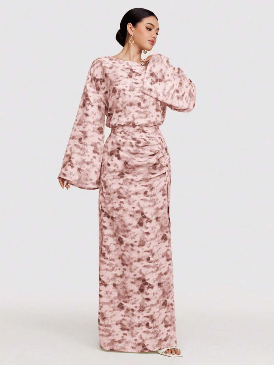 Veilorie 2 件套女士简约时尚休闲长袖上衣和裙子套装，适合日常穿着 - 粉色 - 查看 1