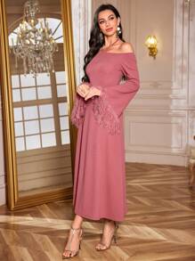Modelyn Women's Solid Color Halterneck Flare Sleeve Halter Midi Dress, Elegant Wedding Party Dinner Dusty Rose Autumn - Pink - View 3