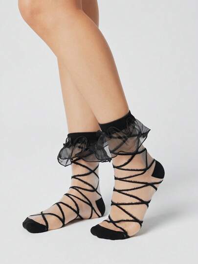 Kawaii 1 Pair Women's Sweet & Edgy Black Double Layer Mesh Trim Criss-Cross Line Crystal Socks, All Season