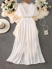 Chiquease Solid Color Beach Vacation Patchwork Ruffle Trim Jacket Long Sleeve Outerwear - White - View 1