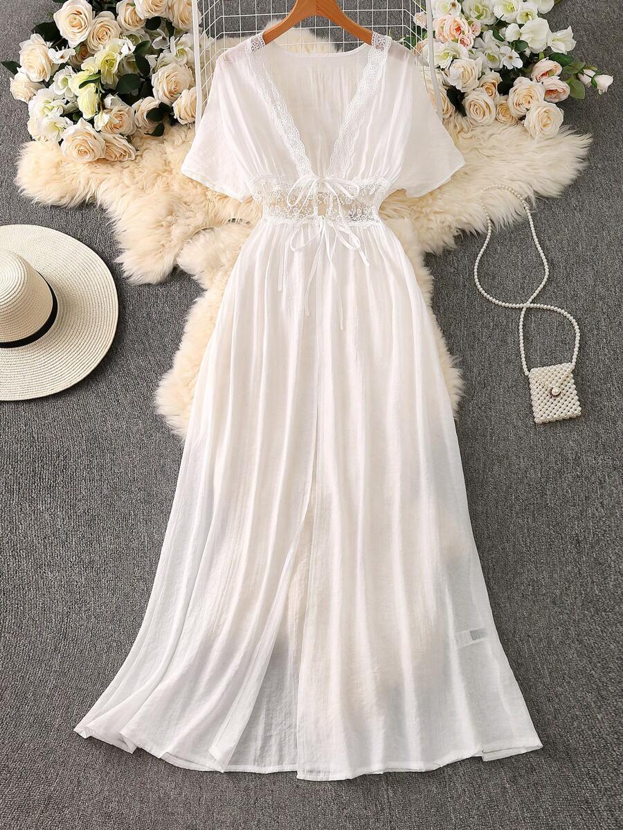 Chiquease Solid Color Beach Vacation Patchwork Ruffle Trim Jacket Long Sleeve Outerwear - White - View 1