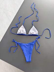 SHEIN Swim 2 件套女士度假风格纯色吊带三角串珠泳衣