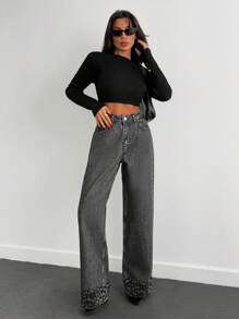 EURMUSE HIGH RISE SLANT POCKET WIDELEG JEAN WITH LEOPARD - Light Grey - View 4