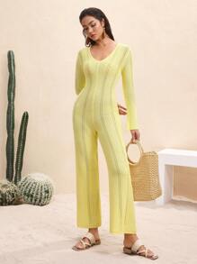 BY FELIZIA Light Yellow Solid Color Knitted V-Neck Flared Long-Sleeved Jumpsuit, Butter Yellow Holiday Elegant Casual Jumpsuits For Women