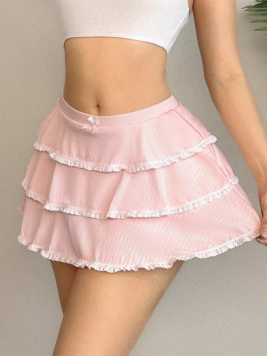 EgrlEra 女士性感蕾丝边薄纱荷叶边半身裙