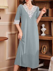 PalaceNights Women's V-Neck Contrast Lace Loose Mid-Length Nightgown, Moo Moo - Dusty Blue - View 5