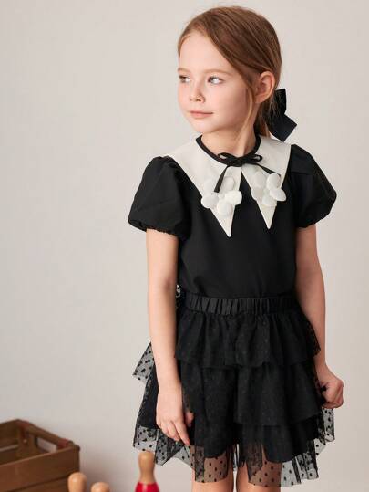 PrepCrw Young Girls' French Elegant Colorblock Detachable Collar/Floral Decor Puff Sleeve Blouse, Spring/Summer