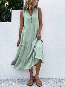 EMERY ROSE Button Detail Layered Hem Smock Dress Maxi Women Outfit - Mint Green - View 5