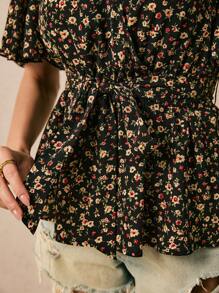 Poéselle Women's V-Neck Floral Print Summer Casual Short Sleeve Shirt