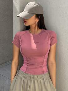 DAZY 女士时尚标语印花插肩袖短袖 T 恤 - 紫色 - 查看 3