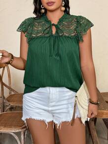 SHEIN Clasi Plus Size Women Boho Dissolving Floral Lace Patchwork Textured Fabric Ruffled Bowknot Collar Blouse - Dark Green - View 5