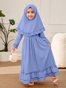 Young Girl A-Line Ruffle Trim & Headscarf Long Dress - Blue - View 1