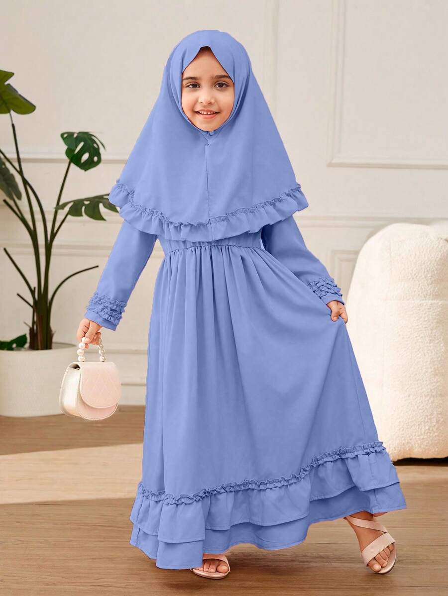 Young Girl A-Line Ruffle Trim & Headscarf Long Dress - Blue - View 1