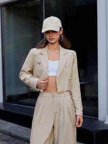 RueChic Double Breasted Crop Blazer & Wide Leg Pants - Beige - View 6