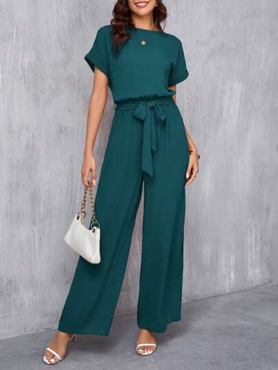 SHEIN Clasi Women's Elegant Round Neck Jumpsuit With Waist Belt And Wide Leg Teal