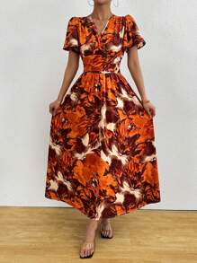 Chiquease Holiday Women's Boho Romantic Beach Women Outfits Concert Outfit Women Holiday Casual V-Neck Short Sleeves Retro Large Flower Orange Brown Retro Print Retro Print Waist Slim Back Flared Side Slit A-Line Long 2025 New Dress - Orange - View 4