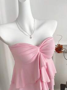 Sweetra Romantic Versatile Double Ruffle Twist Bandeau Crop Top