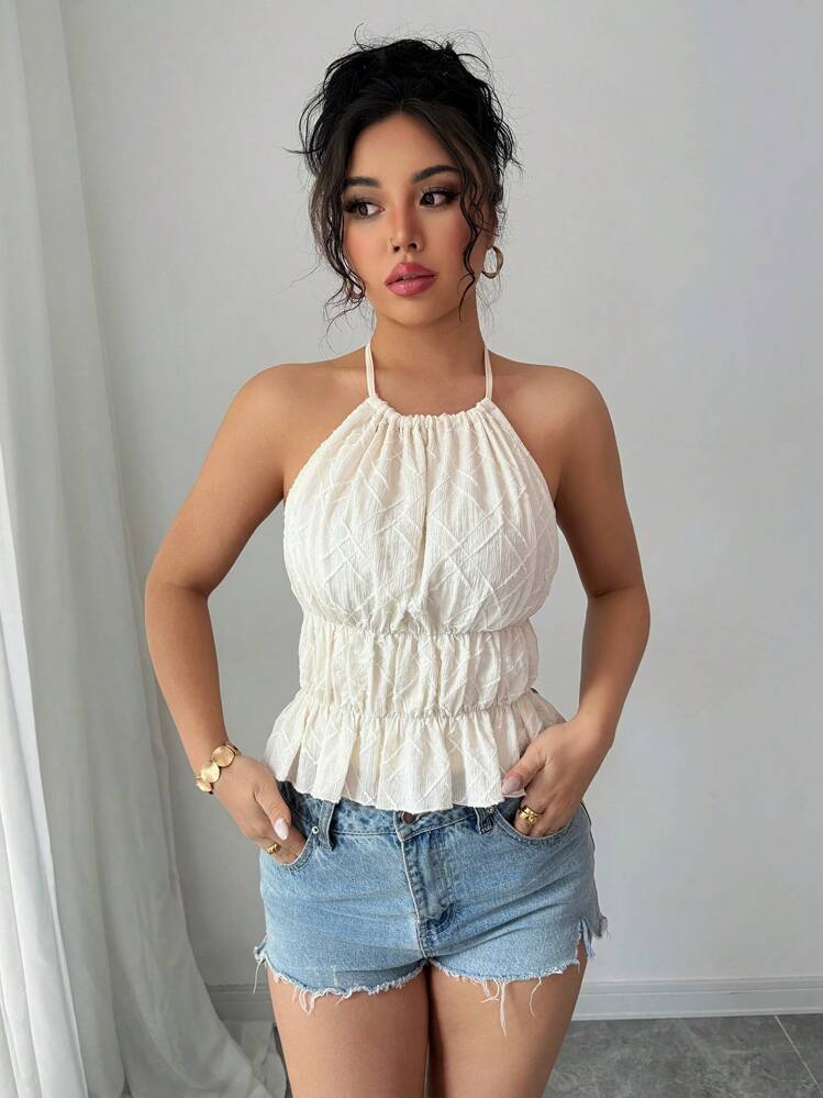 Elin Vora 杏色露背系带细肩带褶皱性感短款上衣，户外穿着 - 杏色 - 查看 4