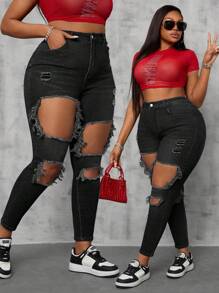 Slaydiva Plus Size Women Stretchy Blue Denim Ripped Skinny Jeans Women Spring Old Money - Black - View 1