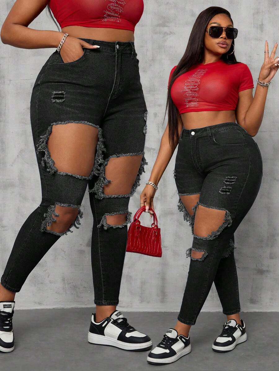 Slaydiva Plus Size Women Stretchy Blue Denim Ripped Skinny Jeans Women Spring Old Money - Black - View 1
