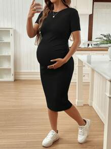 SHEIN Short Sleeve Crew Neck Solid Color Fitted Maternity Dress