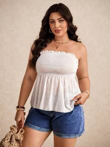 Elaquor Plus Size Solid Color Shirred Bodice Summer Boho Strapless Top - White - View 3