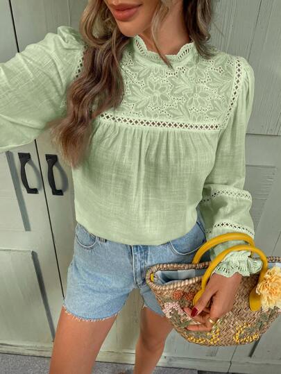 SHEIN Frenchy 女士拼布刺绣长袖宽松休闲衬衫