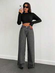 EURMUSE HIGH RISE SLANT POCKET WIDELEG JEAN WITH LEOPARD - Light Grey - View 6