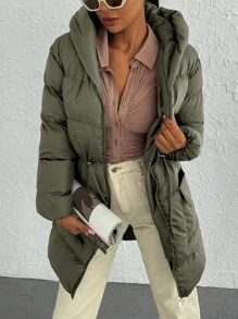 EURMUSE Zip Up Drawstring Waist Hooded Puffer Coat - Chocolate Brown - View 4