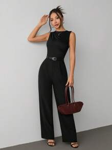 SHEIN PETITE Women Casual Solid Sleeveless Jumpsuit - Black - View 4