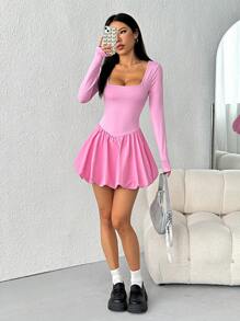 Muchica 女士纯色长袖时尚荷叶边领迷你连衣裙 - 粉色 - 查看 3