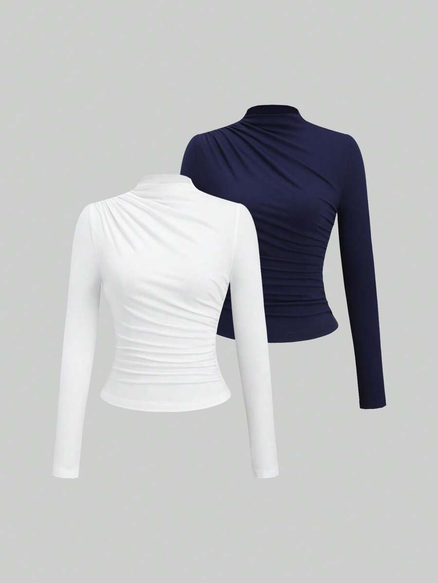 Sweetra Y2K Style Solid Color Mock Neck Ruched Long Sleeve Fitted T-Shirt Fall Cloth For Women - Multicolor - View 1