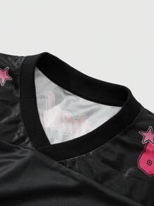 ROMWE MEN Prep 2pcs Men's Jersey V-Neck Letter Print Short Sleeve T-Shirt And Draw String Five-Pointed Star Print Shorts Set