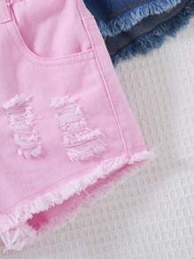 SHEIN Vintaside Kids 女婴纯色破洞下摆口袋休闲牛仔短裤 - 彩色 - 查看 3